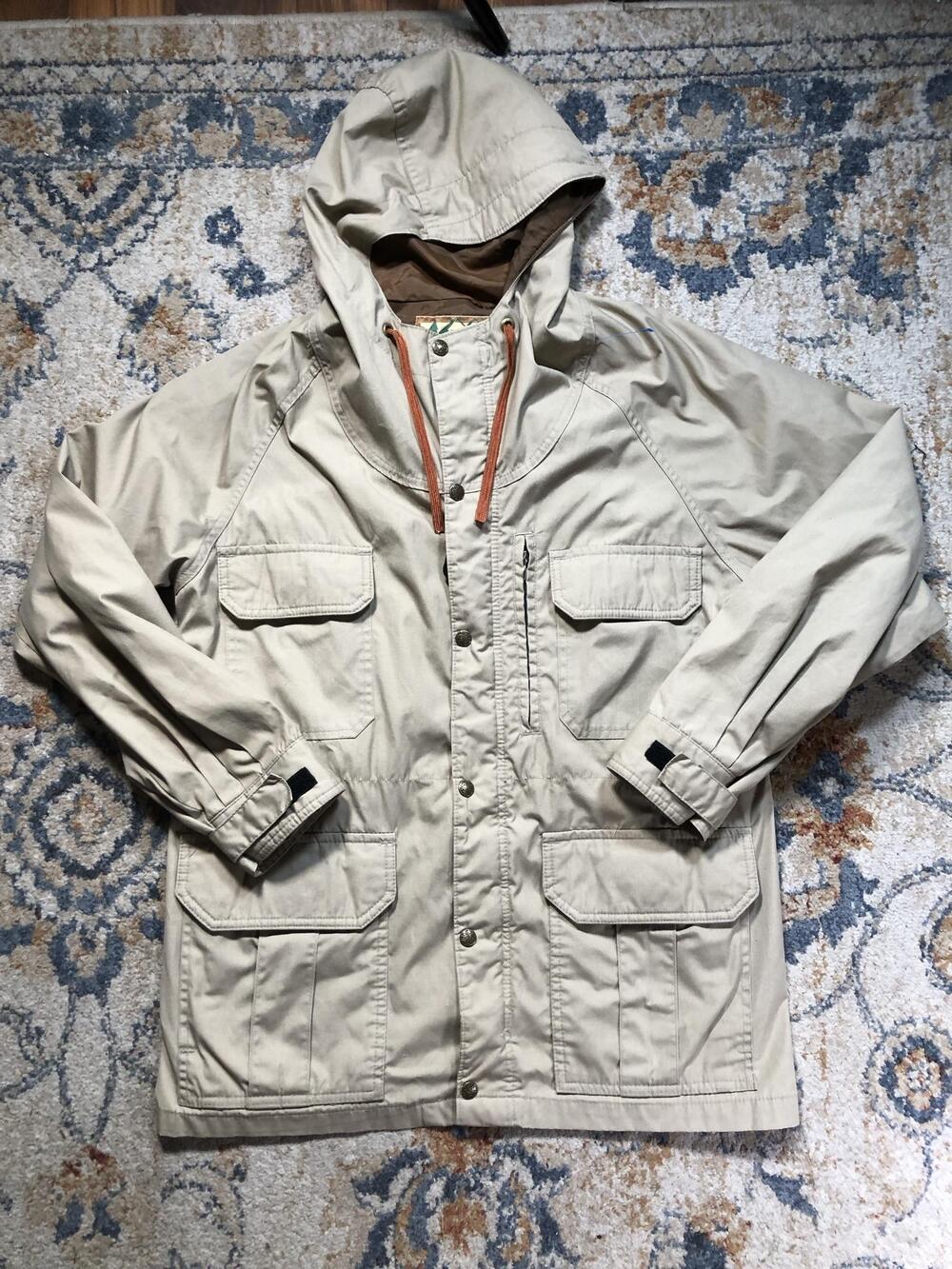 Vintage REI Co-op Jacket Mens Medium Beige Hooded Canvas Parka Hiking USA